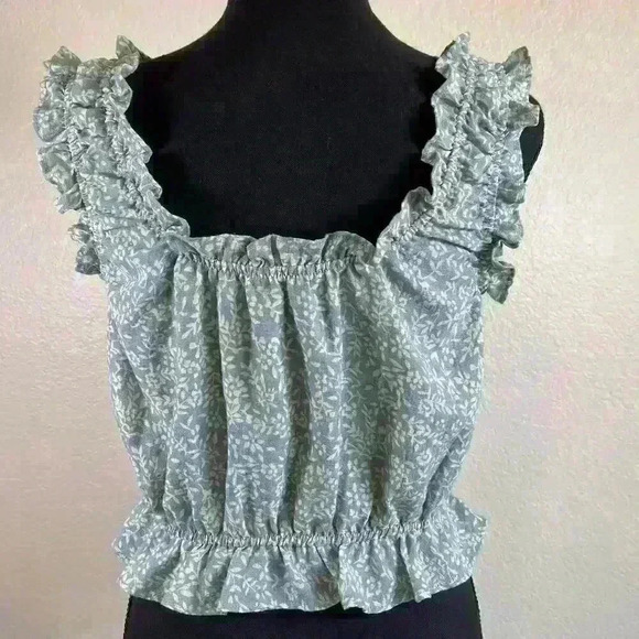 Storia green white floral smocked shirred ruffle cropped top women size medium - Picture 3 of 8